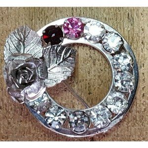 Vtg 12k GF White Gold Rose Crystal Brooch 32pb26b1